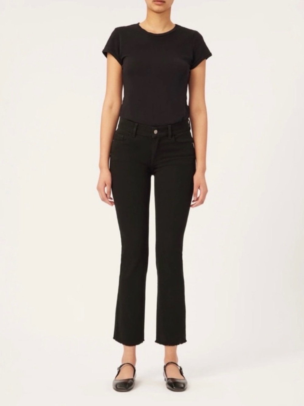 DL1961 Mara Mid Rise Instasculpt Straight Ankle Jeans Black Peached Raw Hem 32